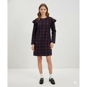 Zara Trafaluc Dress Womens‎ Small Navy Red Windowpane Plaid Ruffle Sleeve Lined